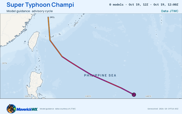 The models’ tracks, which are not a forecast for Super Typhoon Champi, JTWC Warning 21