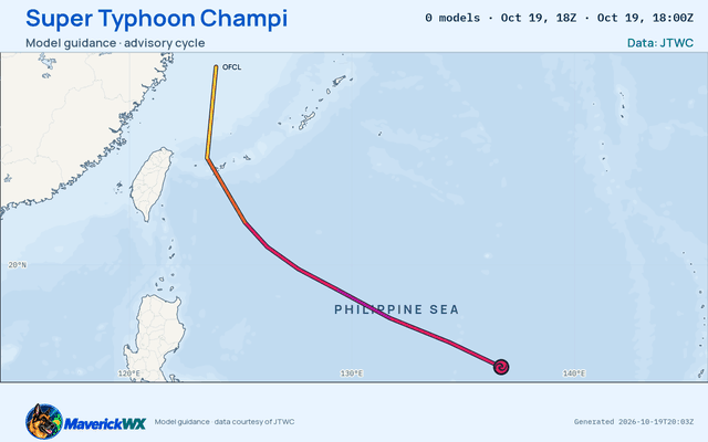 The models’ tracks, which are not a forecast for Super Typhoon Champi, JTWC Warning 22