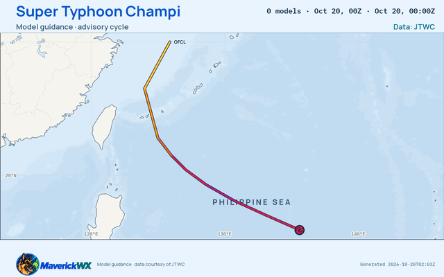 The models’ tracks, which are not a forecast for Super Typhoon Champi, JTWC Warning 23
