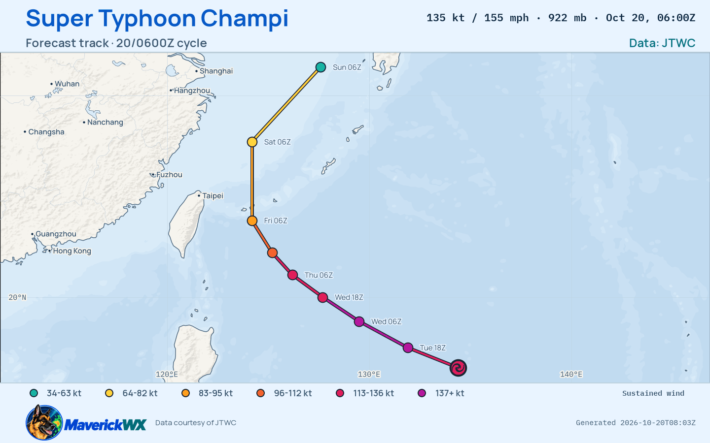 The official forecast track for Super Typhoon Champi, JTWC Warning 24