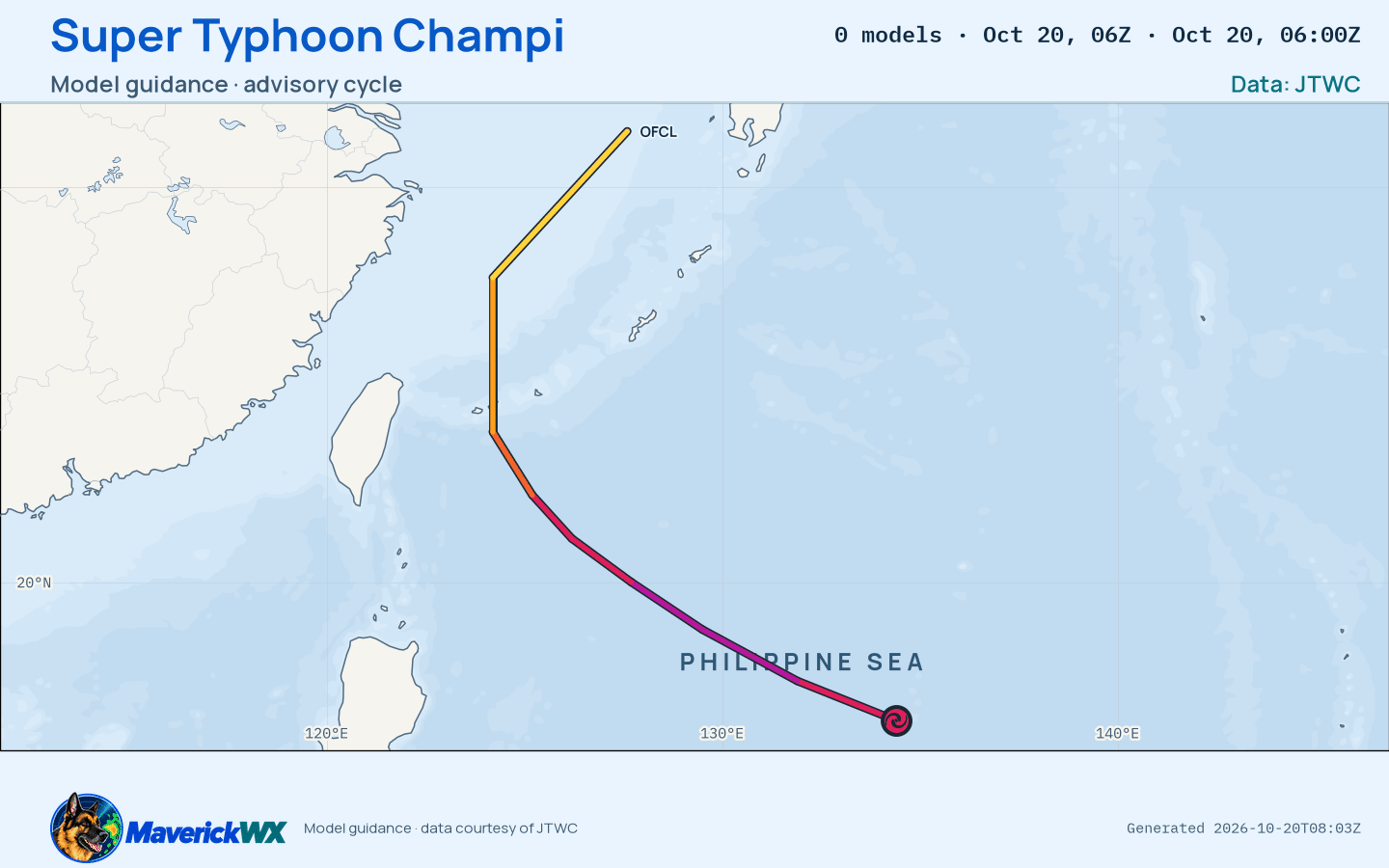 The models’ tracks, which are not a forecast for Super Typhoon Champi, JTWC Warning 24