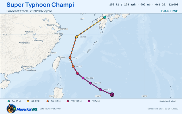 The official forecast track for Super Typhoon Champi, JTWC Warning 25