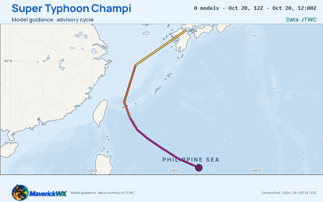 The models’ tracks, which are not a forecast for Super Typhoon Champi, JTWC Warning 25