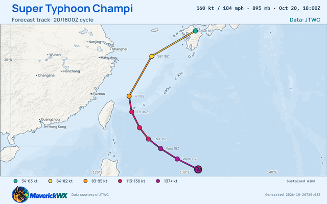 The official forecast track for Super Typhoon Champi, JTWC Warning 26