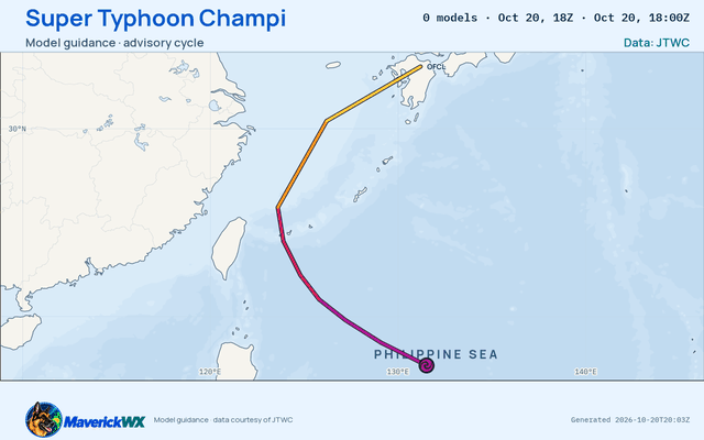 The models’ tracks, which are not a forecast for Super Typhoon Champi, JTWC Warning 26
