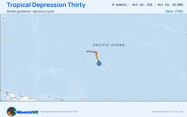 The models’ tracks, which are not a forecast for Tropical Depression Thirty, JTWC Warning 1